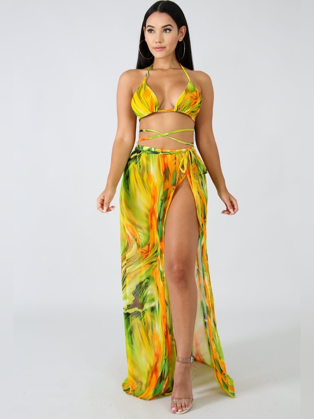 Strappy Halter Bikini Set with Wrap Maxi Skirt in Yellow and Green